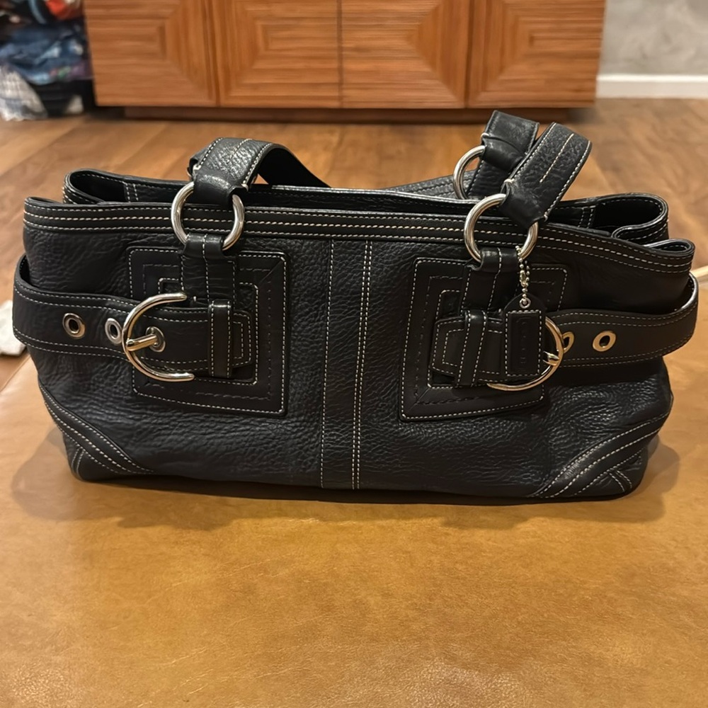 Coach pebble leather with contrast stitch buckle horizontal handbag